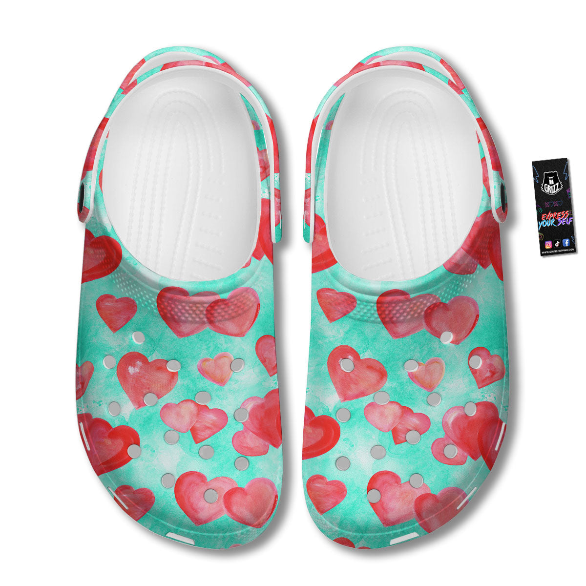 Watercolor Heart Teal And Pink Print Clog-grizzshop