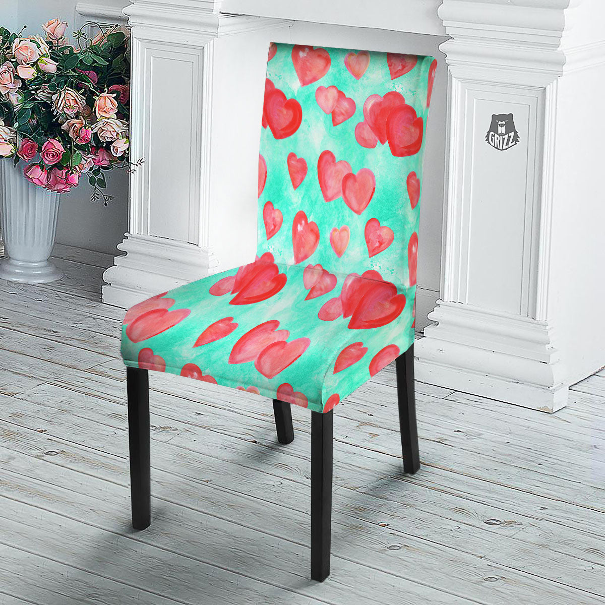 Watercolor Heart Teal And Pink Print Dining Chair Slipcover-grizzshop