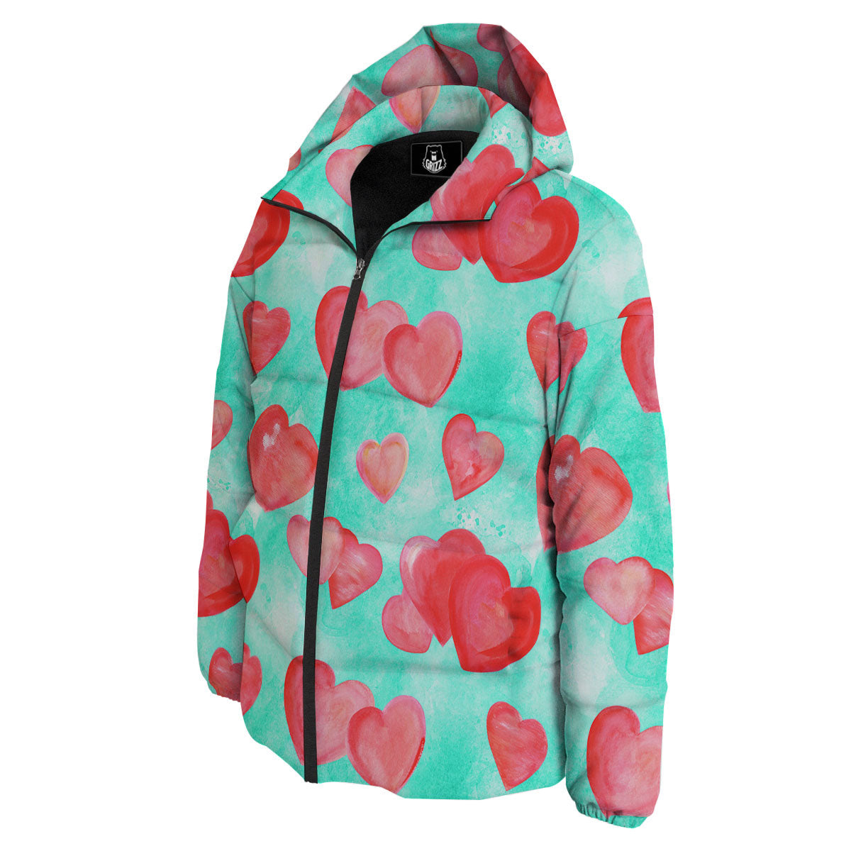 Watercolor Heart Teal And Pink Print Down Jacket-grizzshop