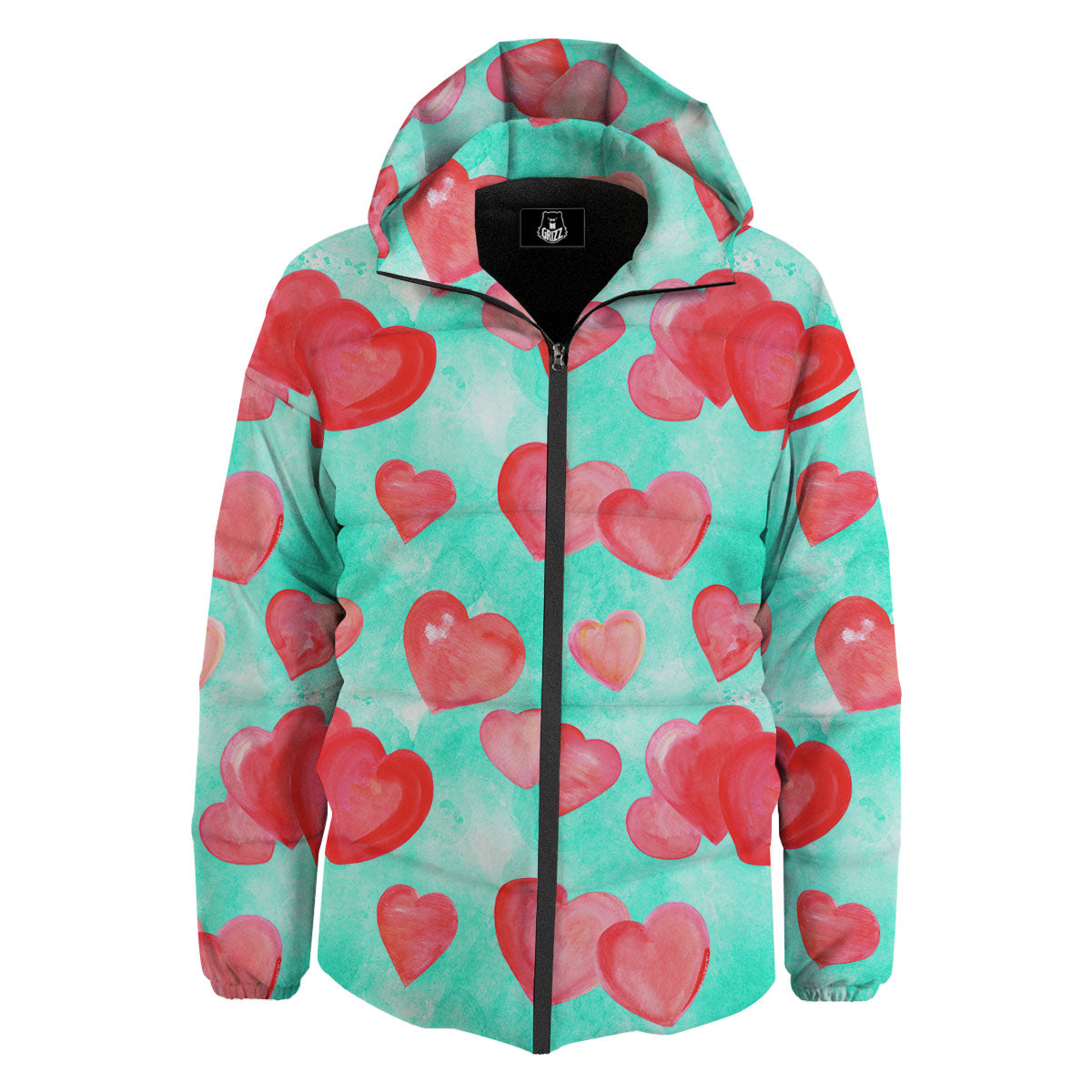 Watercolor Heart Teal And Pink Print Down Jacket-grizzshop