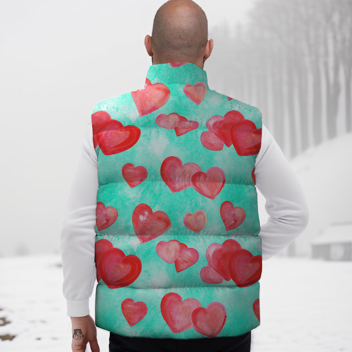 Watercolor Heart Teal And Pink Print Down Vest