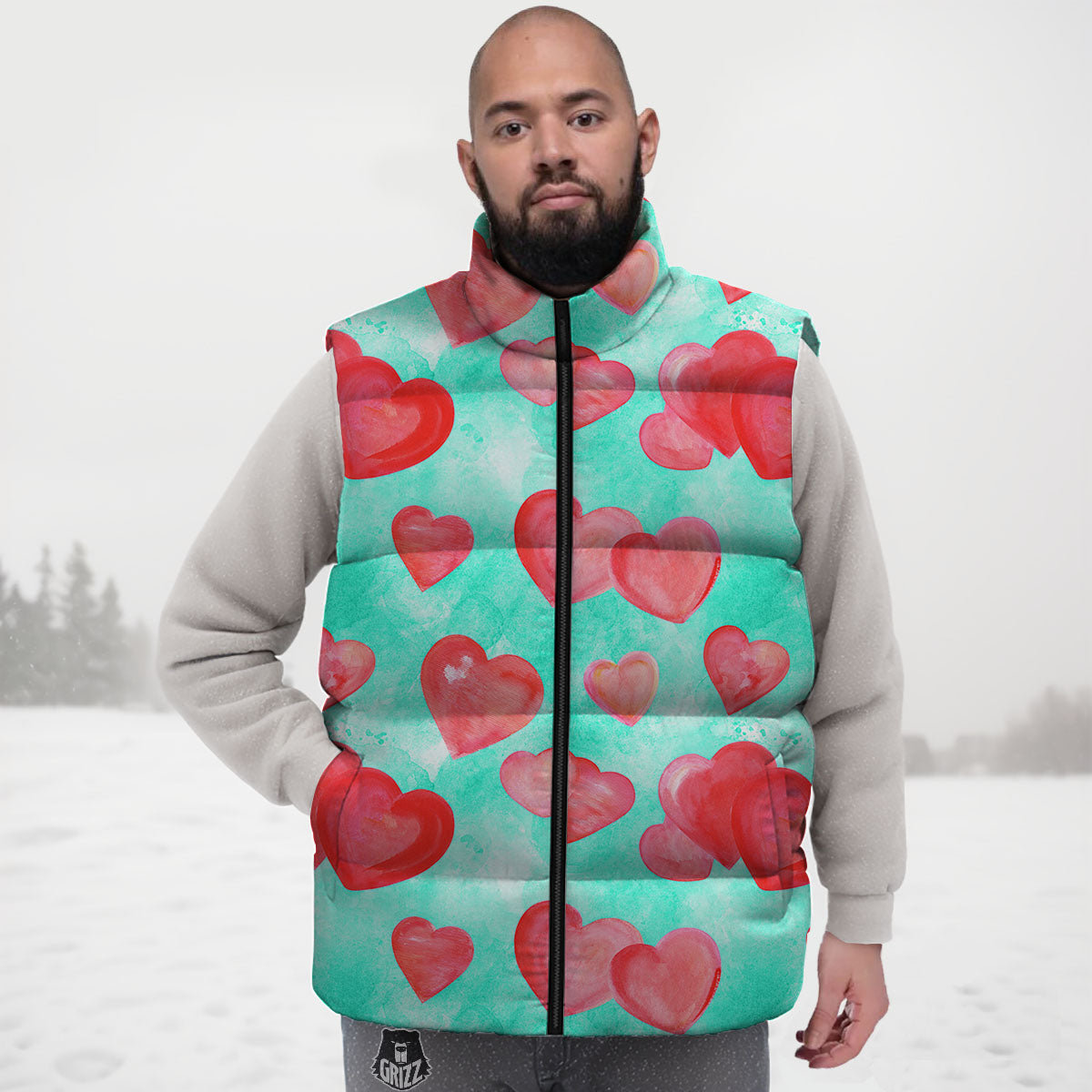 Watercolor Heart Teal And Pink Print Down Vest