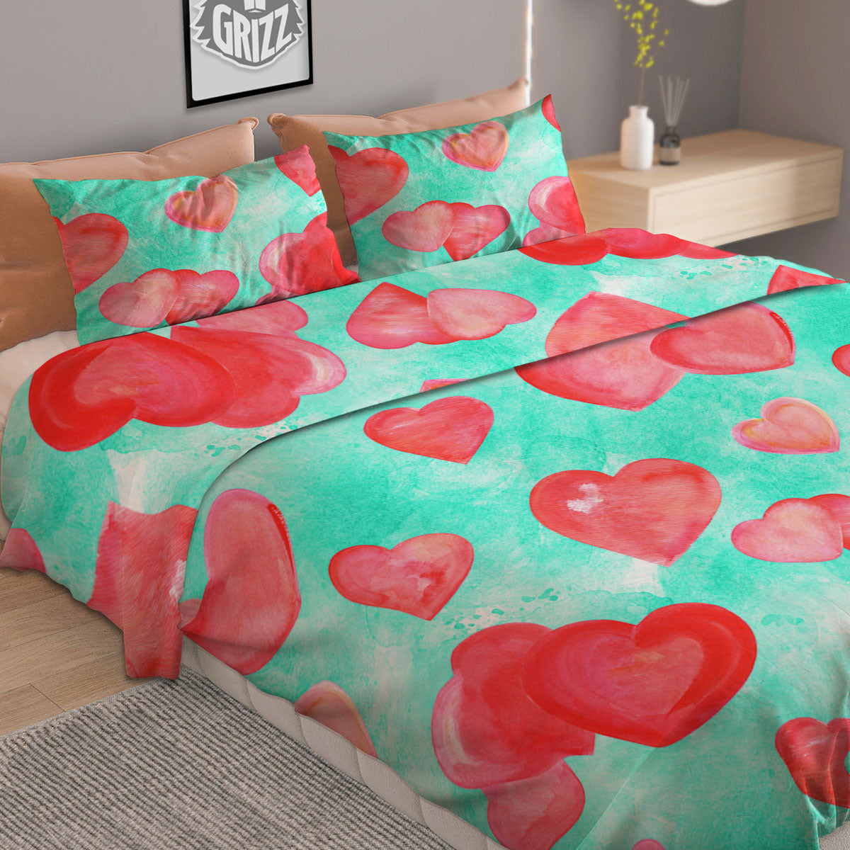 Watercolor Heart Teal And Pink Print Duvet Cover Bedding Set