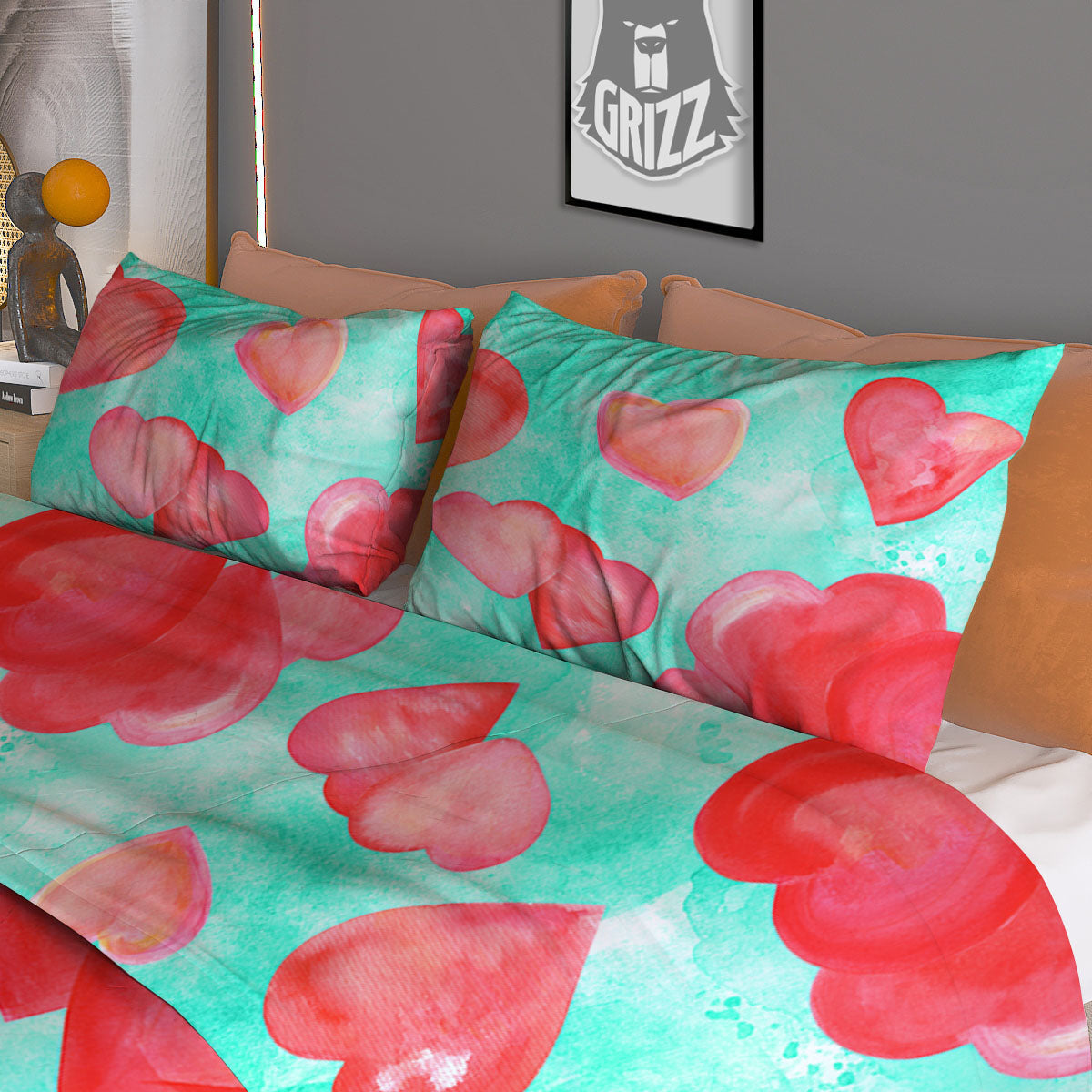 Watercolor Heart Teal And Pink Print Duvet Cover Bedding Set