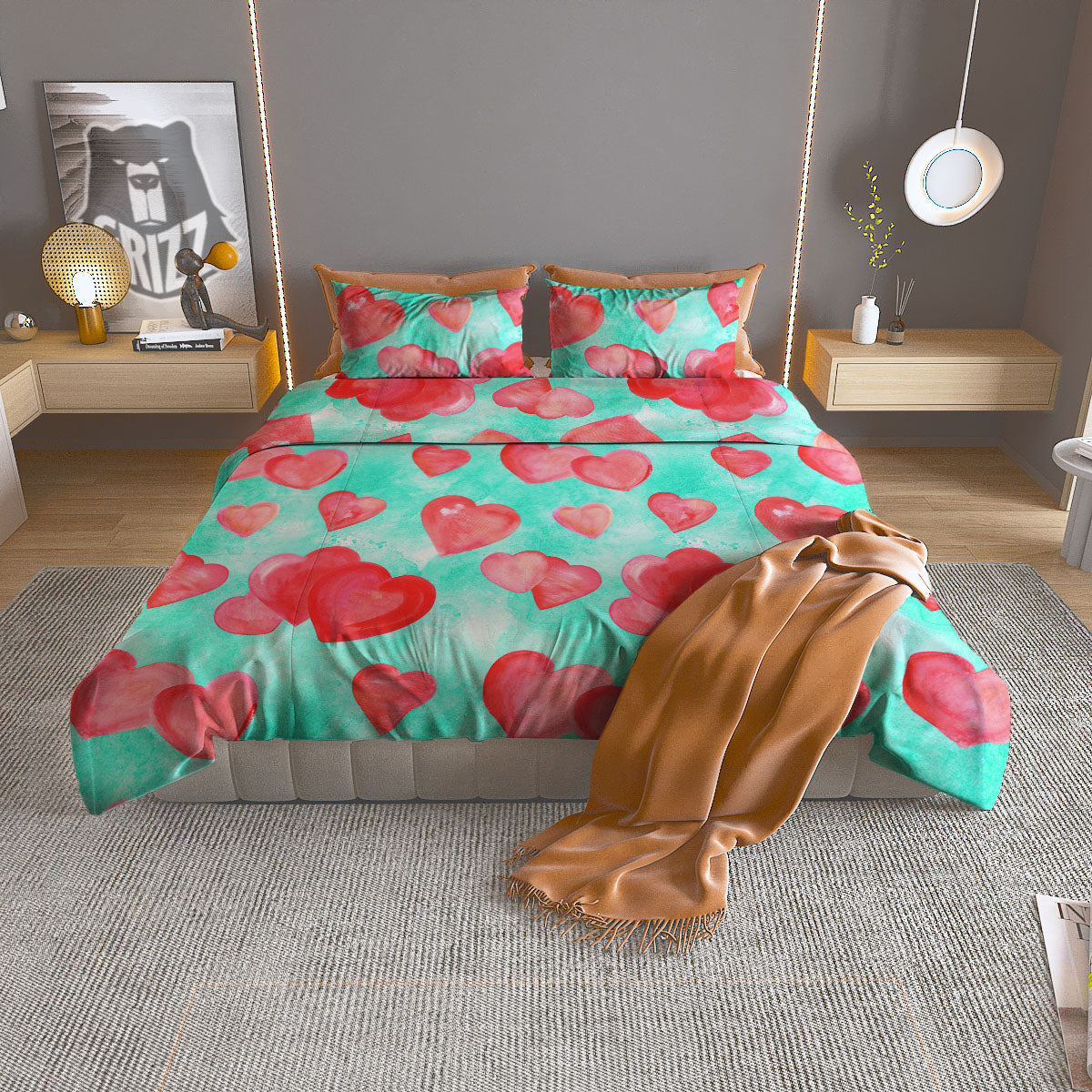 Watercolor Heart Teal And Pink Print Duvet Cover Bedding Set