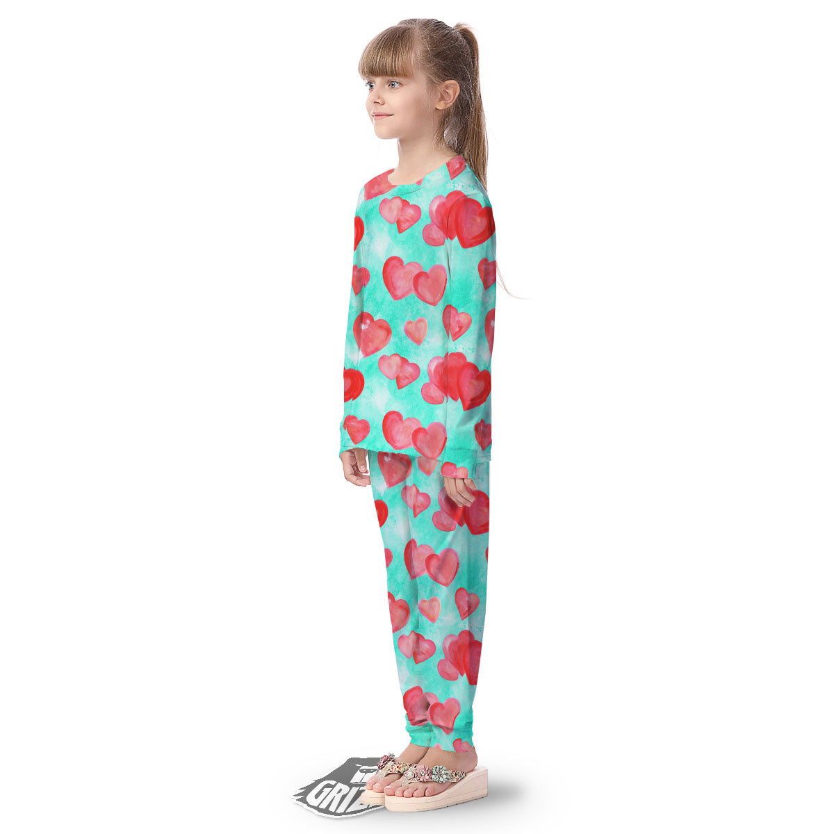 Watercolor Heart Teal And Pink Print Kid's Pajamas-grizzshop