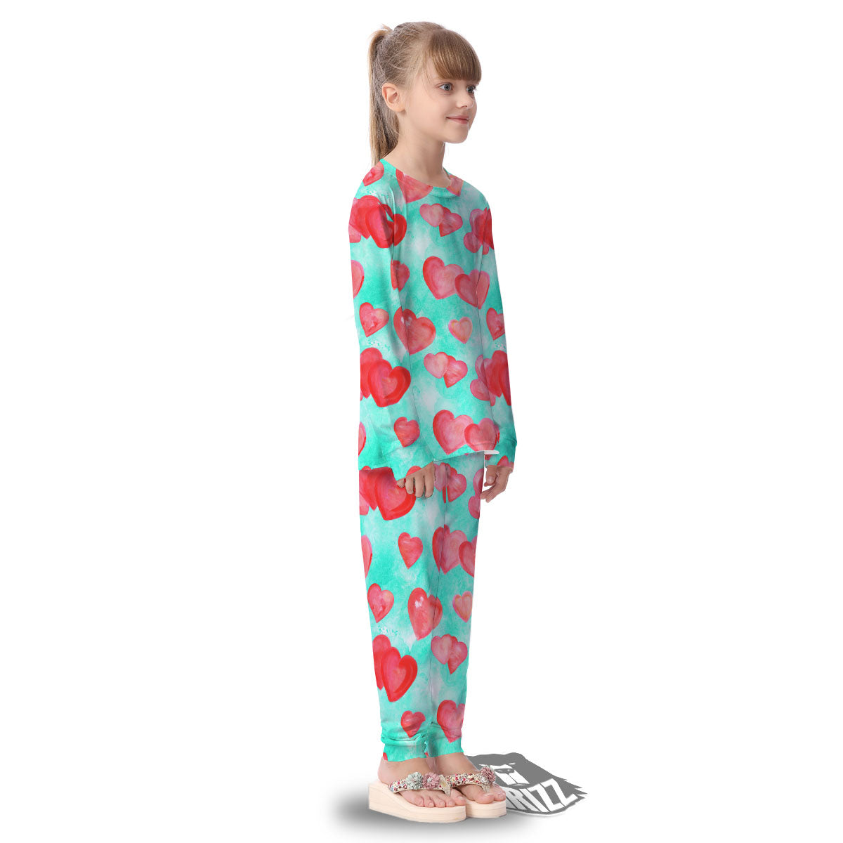 Watercolor Heart Teal And Pink Print Kid's Pajamas-grizzshop