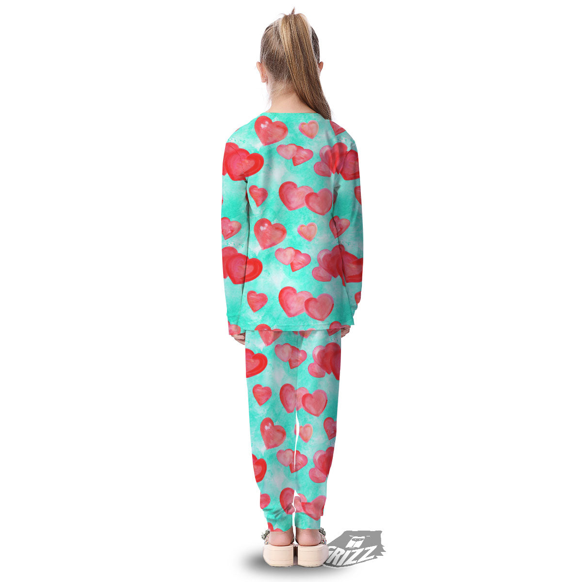 Watercolor Heart Teal And Pink Print Kid's Pajamas-grizzshop