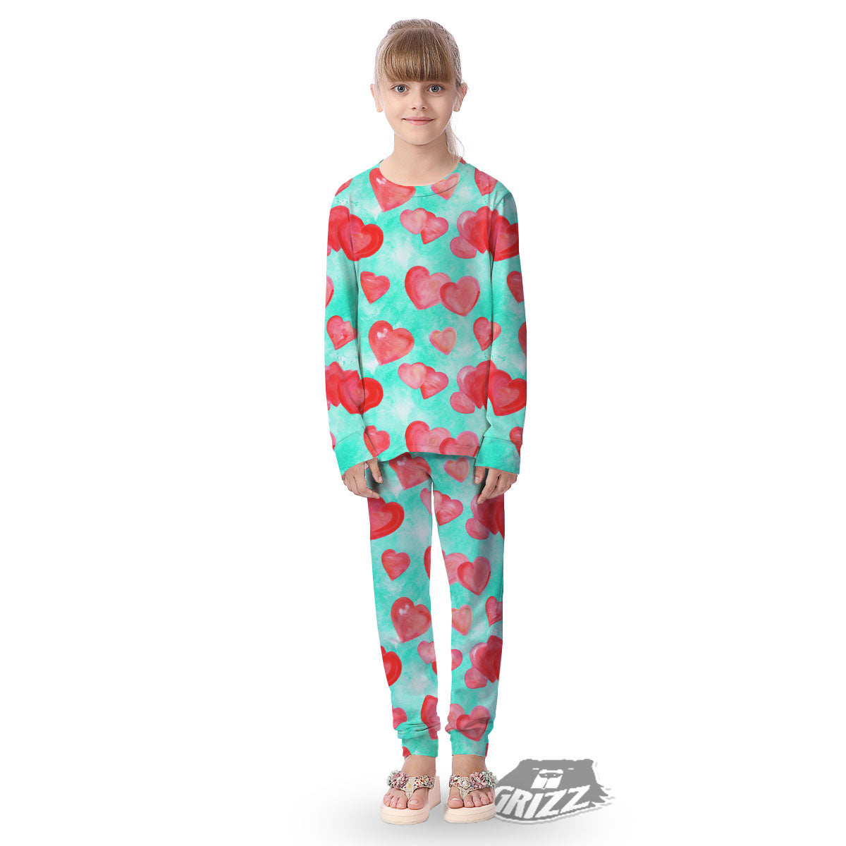 Watercolor Heart Teal And Pink Print Kid's Pajamas-grizzshop