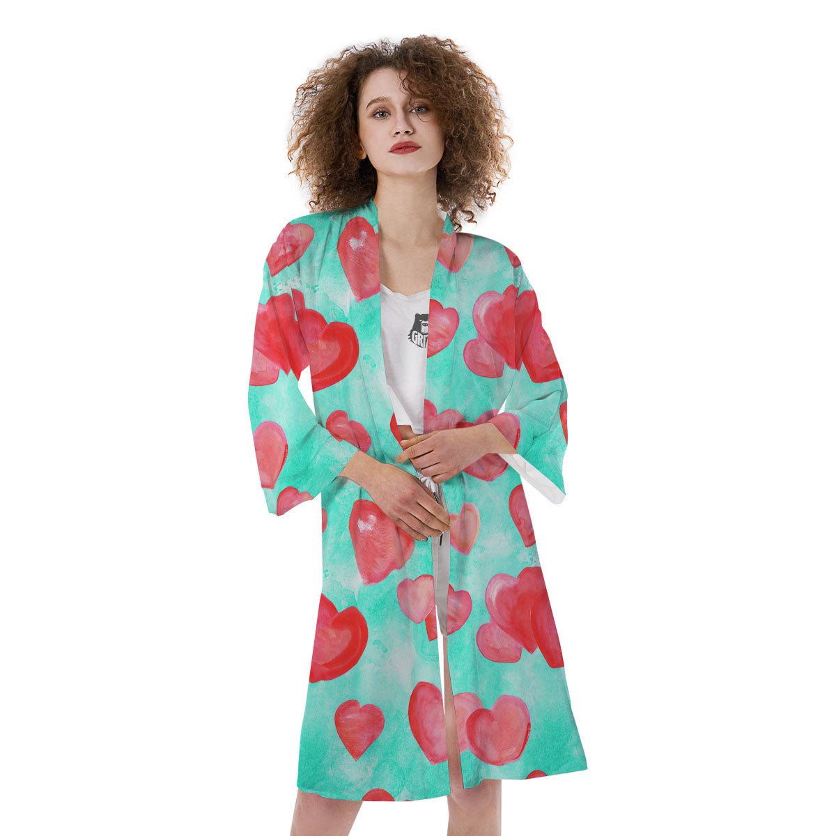 Watercolor Heart Teal And Pink Print Kimono-grizzshop