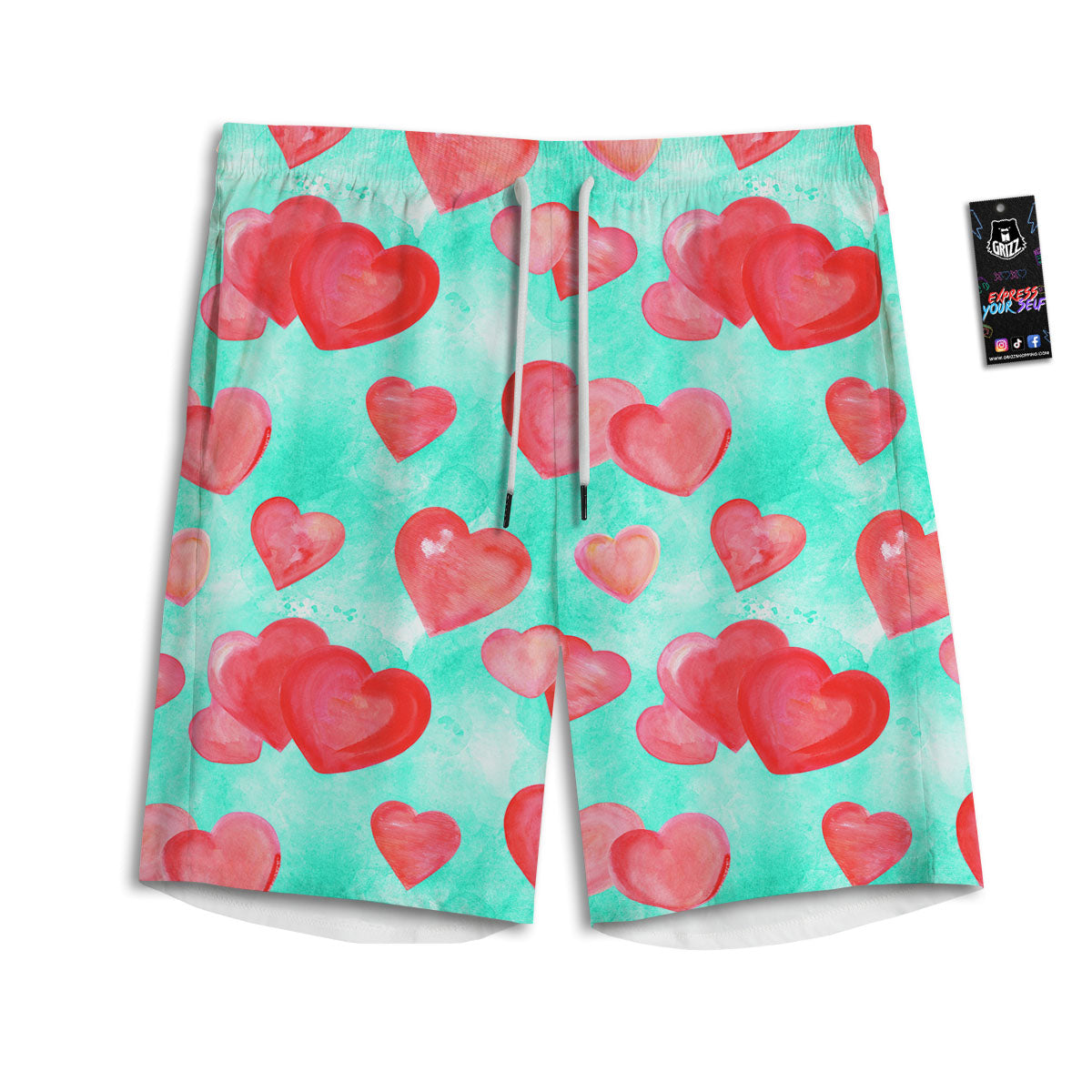 Watercolor Heart Teal And Pink Print Men's Athletic Shorts