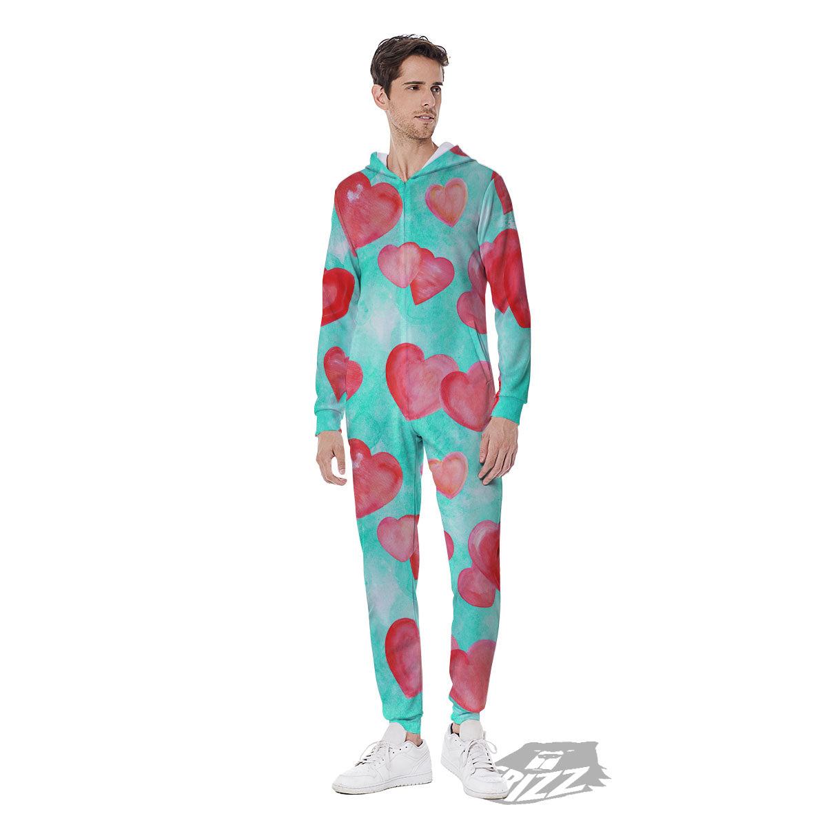 Watercolor Heart Teal And Pink Print Men's Jumpsuit-grizzshop