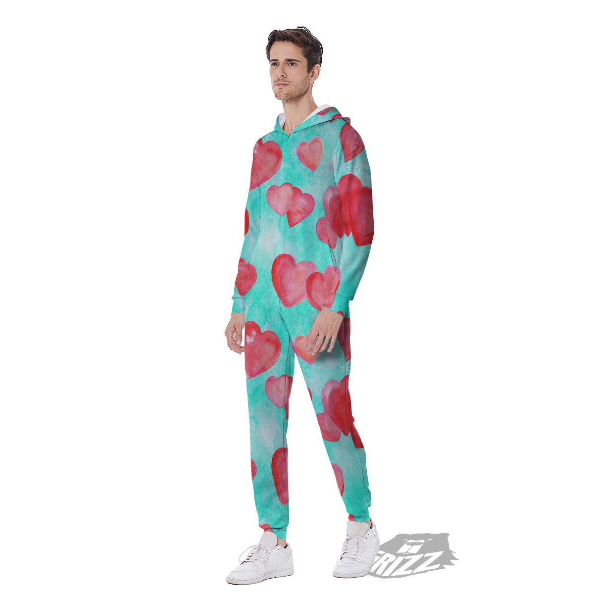 Watercolor Heart Teal And Pink Print Men's Jumpsuit-grizzshop