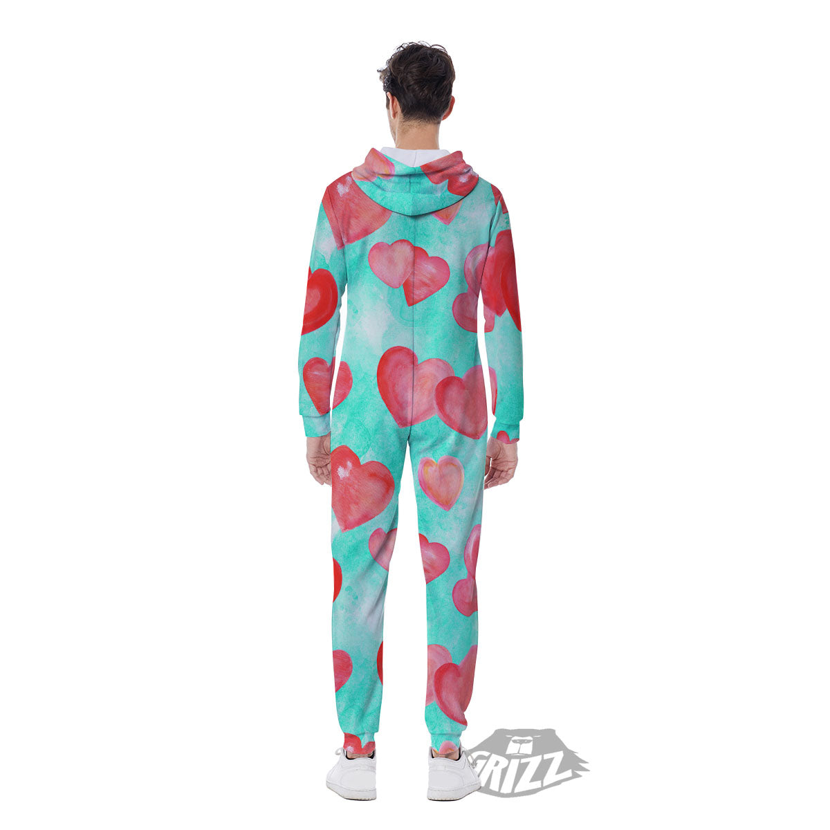Watercolor Heart Teal And Pink Print Men's Jumpsuit-grizzshop