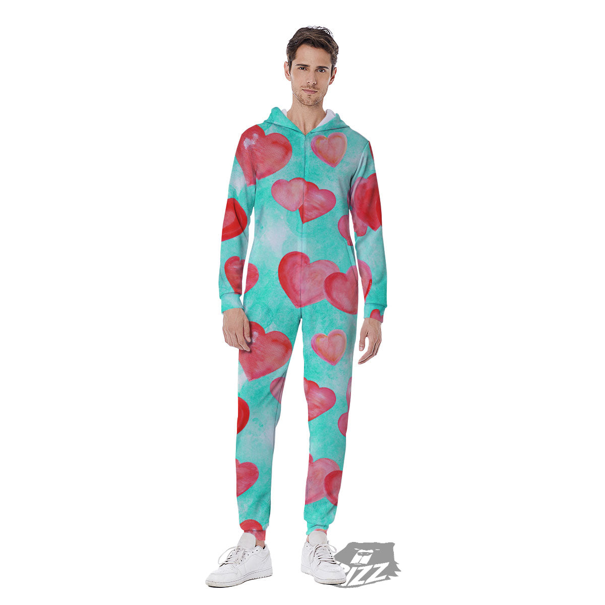 Watercolor Heart Teal And Pink Print Men's Jumpsuit-grizzshop