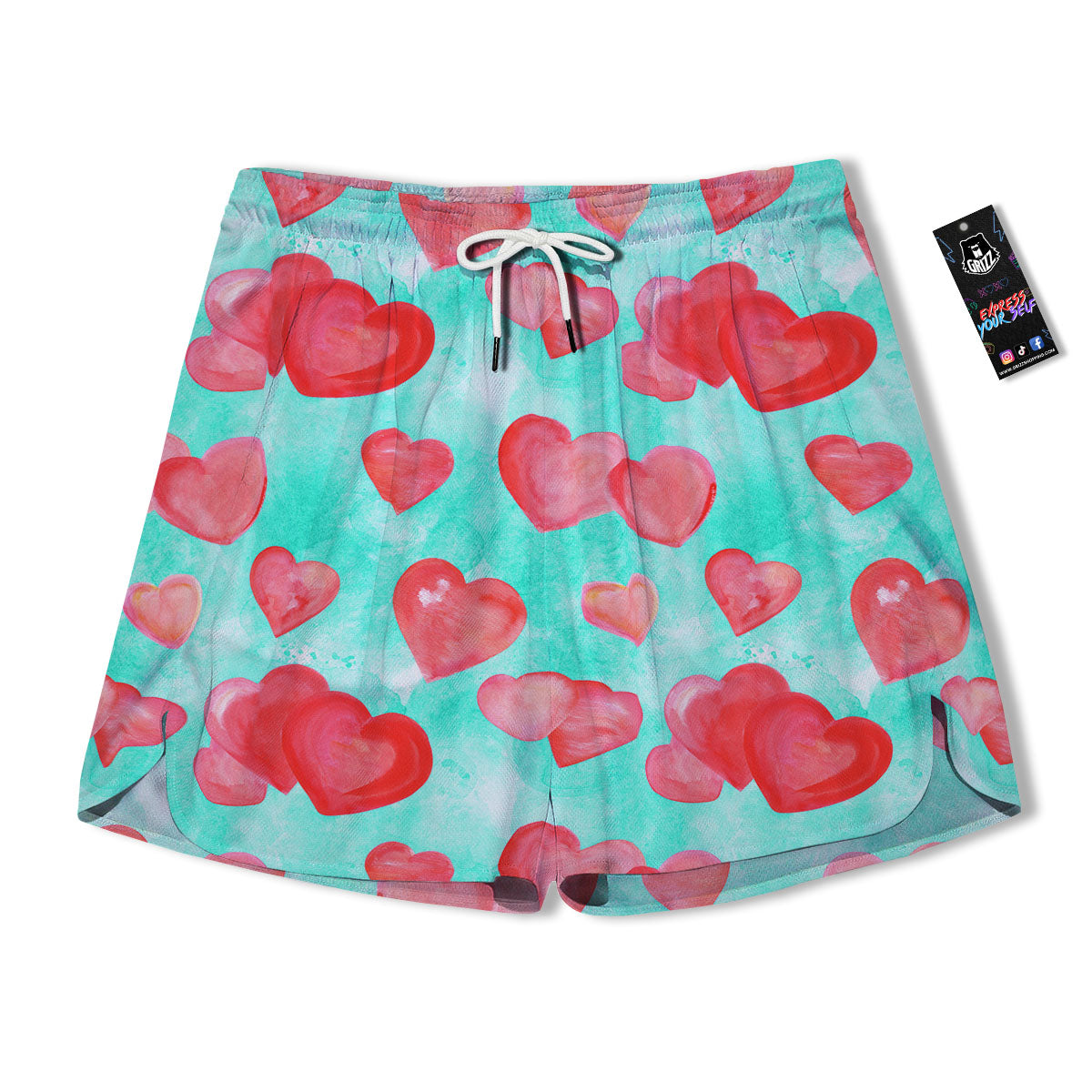 Watercolor Heart Teal And Pink Print Men's Running Shorts-grizzshop