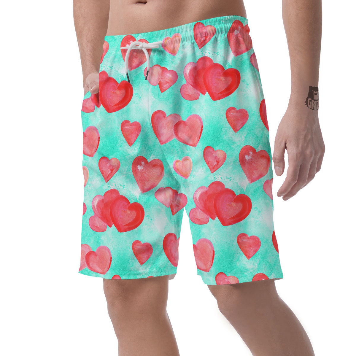 Watercolor Heart Teal And Pink Print Men's Shorts-grizzshop
