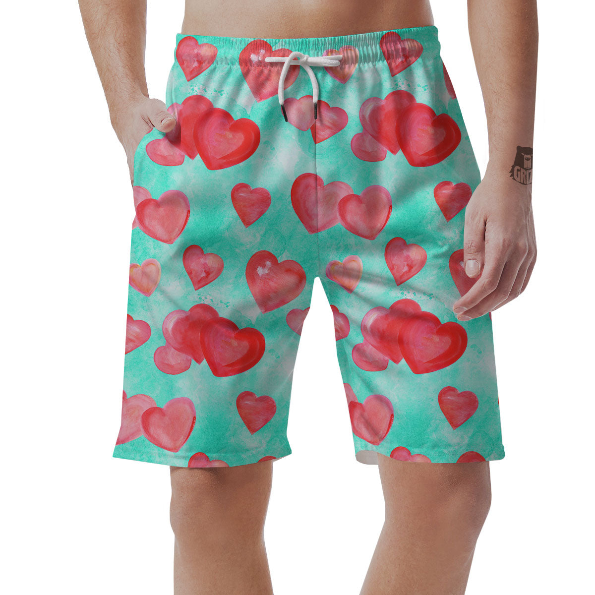 Watercolor Heart Teal And Pink Print Men's Shorts-grizzshop
