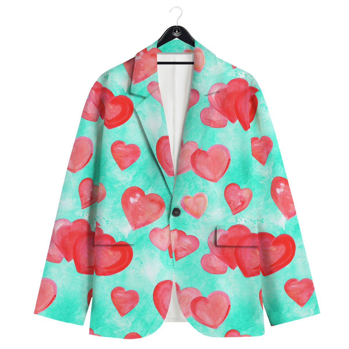 Watercolor Heart Teal And Pink Print Men's Sport Coat-grizzshop