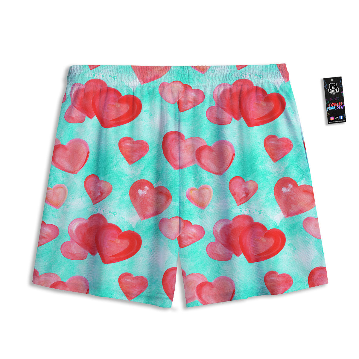Watercolor Heart Teal And Pink Print Mesh Shorts
