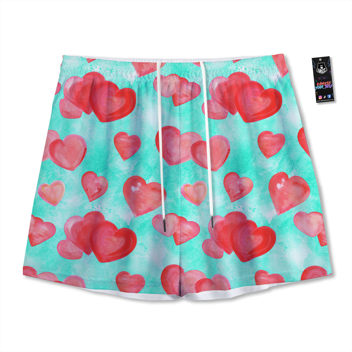 Watercolor Heart Teal And Pink Print Mesh Shorts
