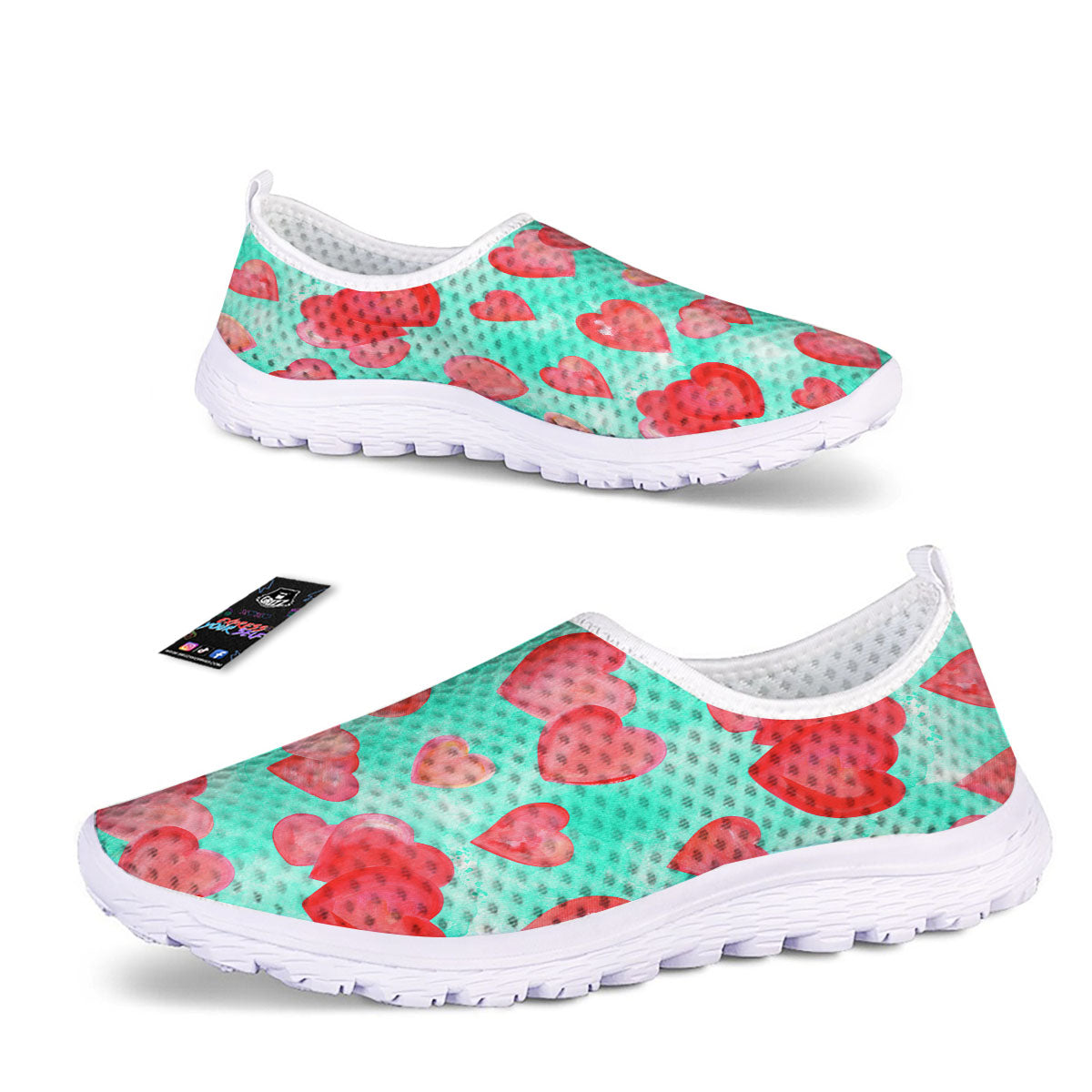 Watercolor Heart Teal And Pink Print Nurse Shoes-grizzshop