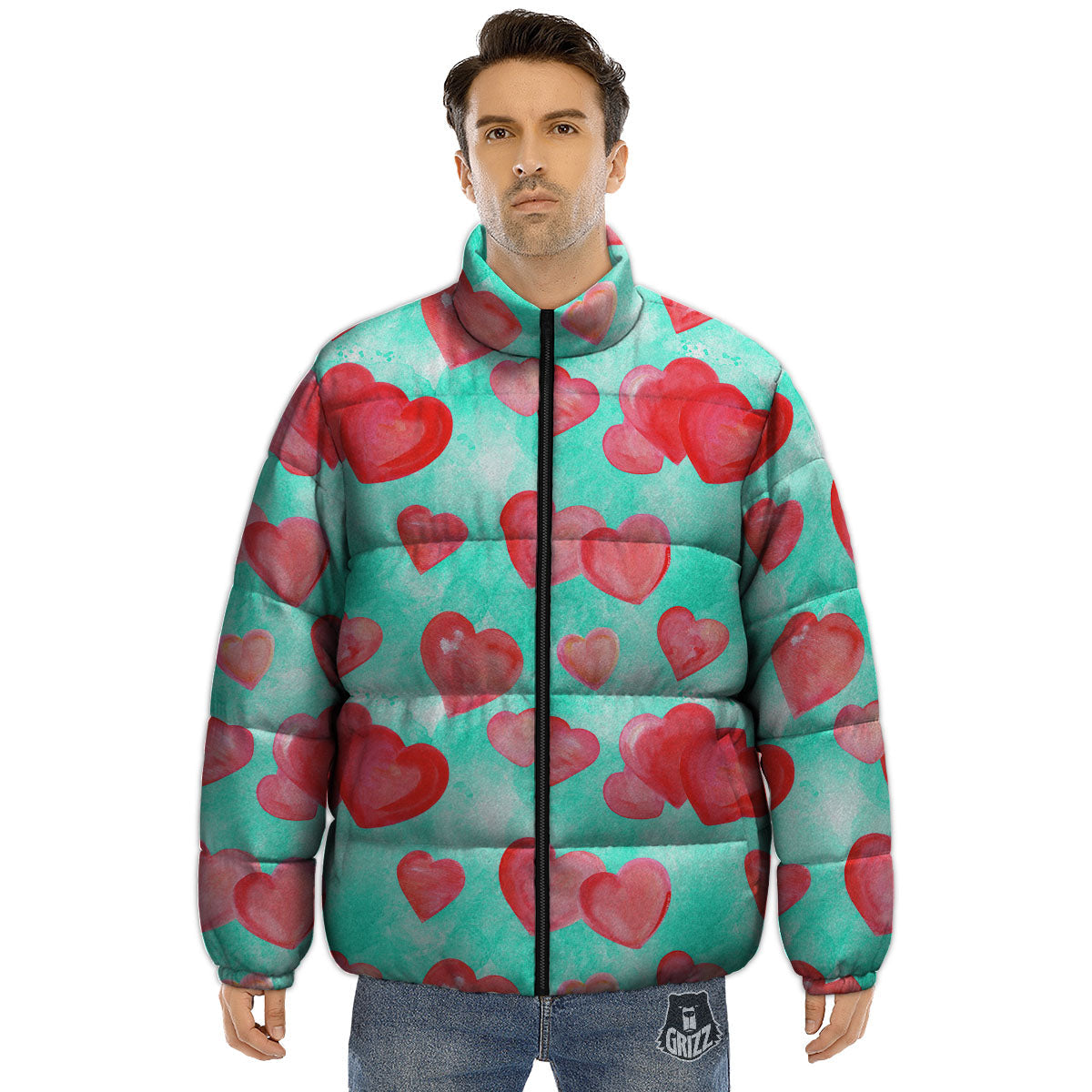 Watercolor Heart Teal And Pink Print Puffer Jacket-grizzshop