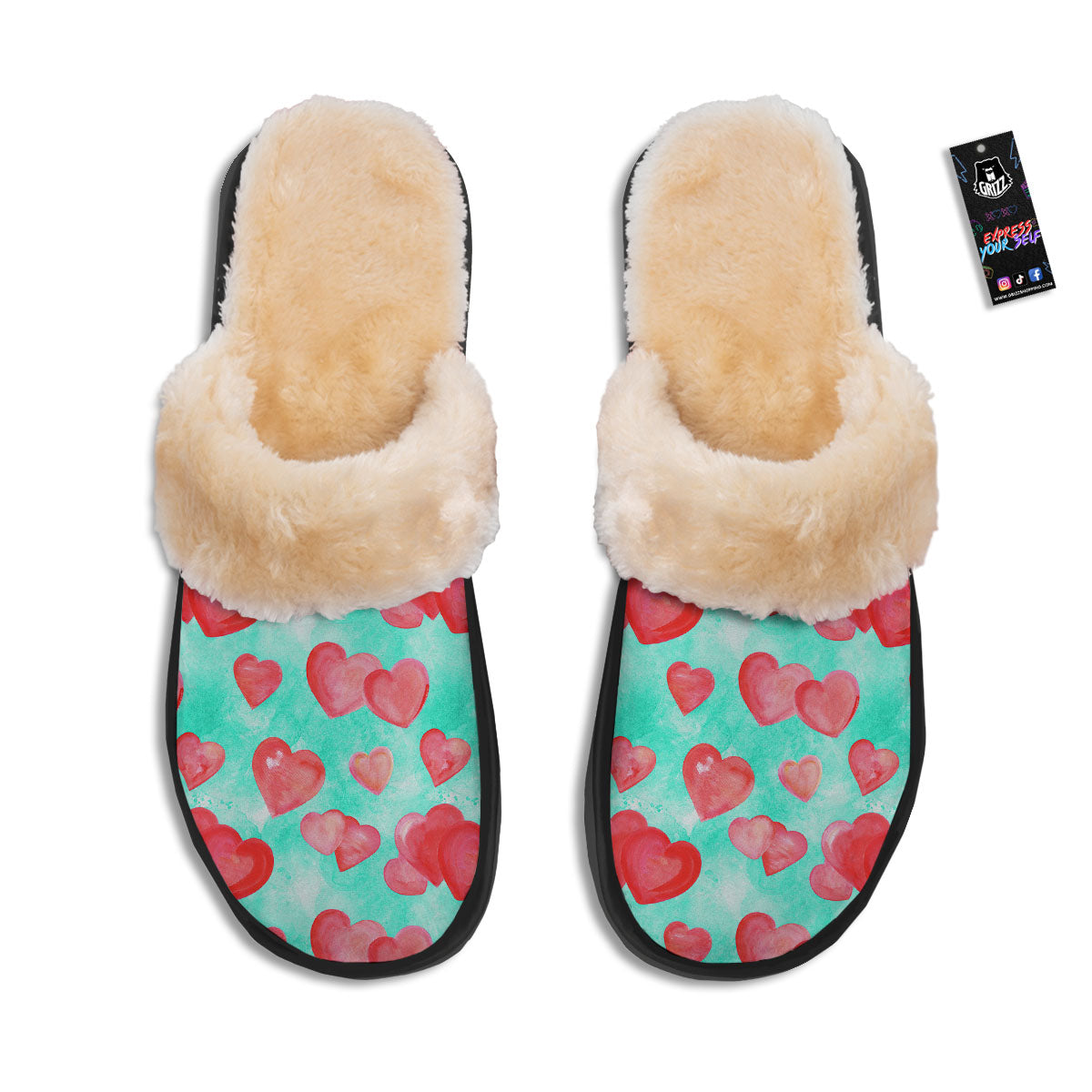 Watercolor Heart Teal And Pink Print Slippers-grizzshop