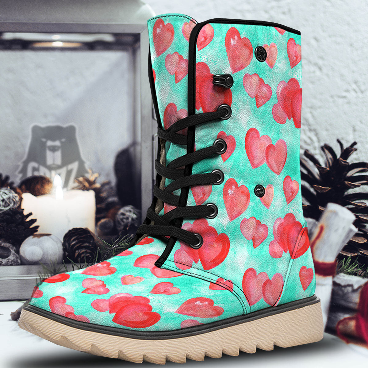 Watercolor Heart Teal And Pink Print Snow Boots-grizzshop