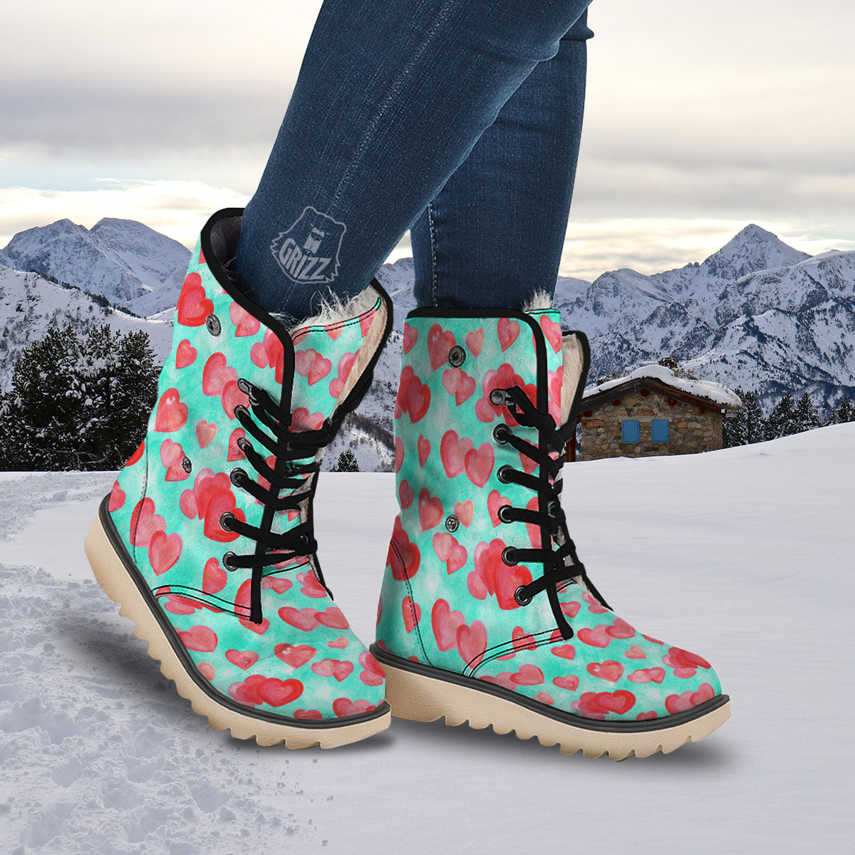 Watercolor Heart Teal And Pink Print Snow Boots-grizzshop