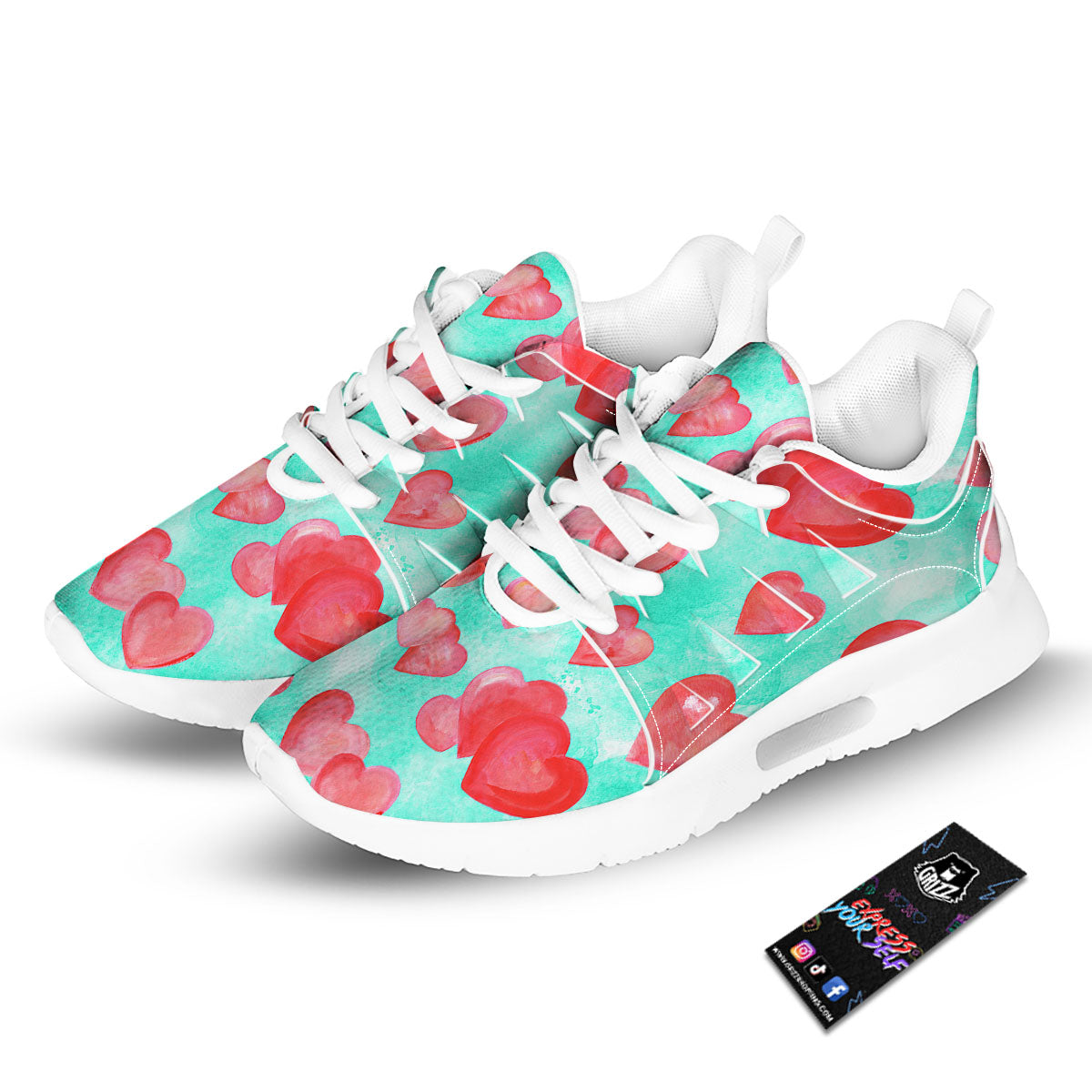Watercolor Heart Teal And Pink Print Tennis Shoes-grizzshop