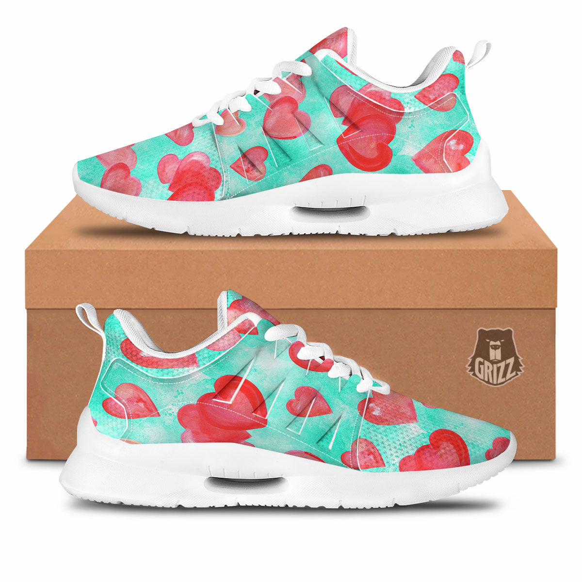 Watercolor Heart Teal And Pink Print Tennis Shoes-grizzshop