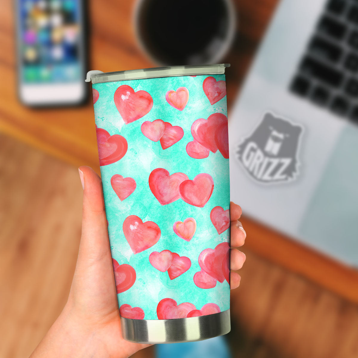 Watercolor Heart Teal And Pink Print Tumbler-grizzshop