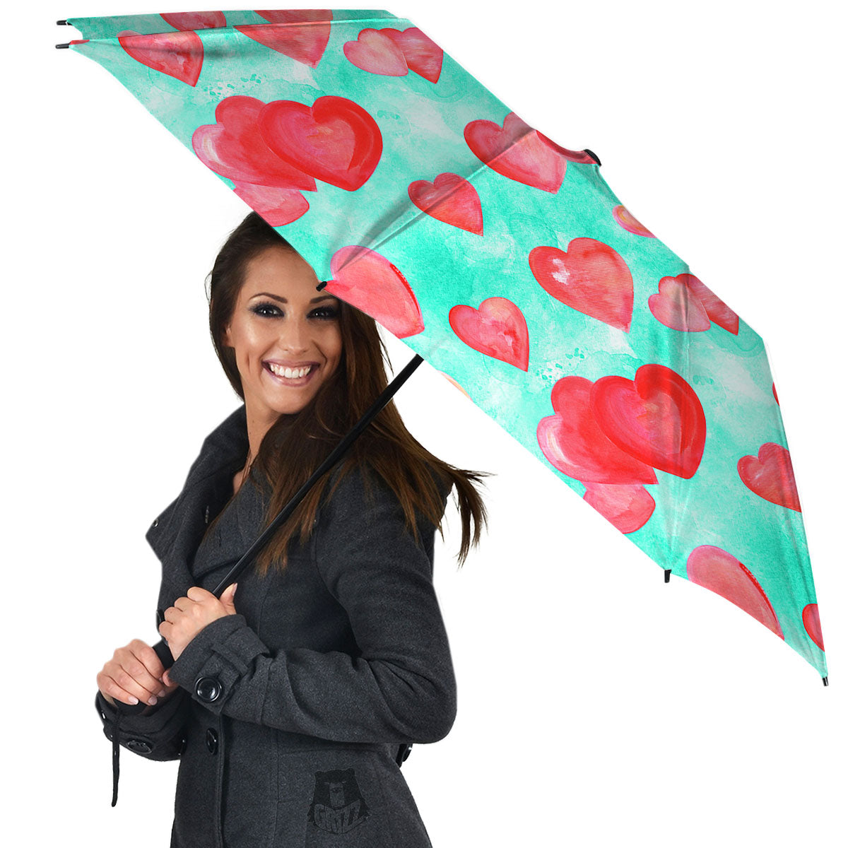 Watercolor Heart Teal And Pink Print Umbrella-grizzshop