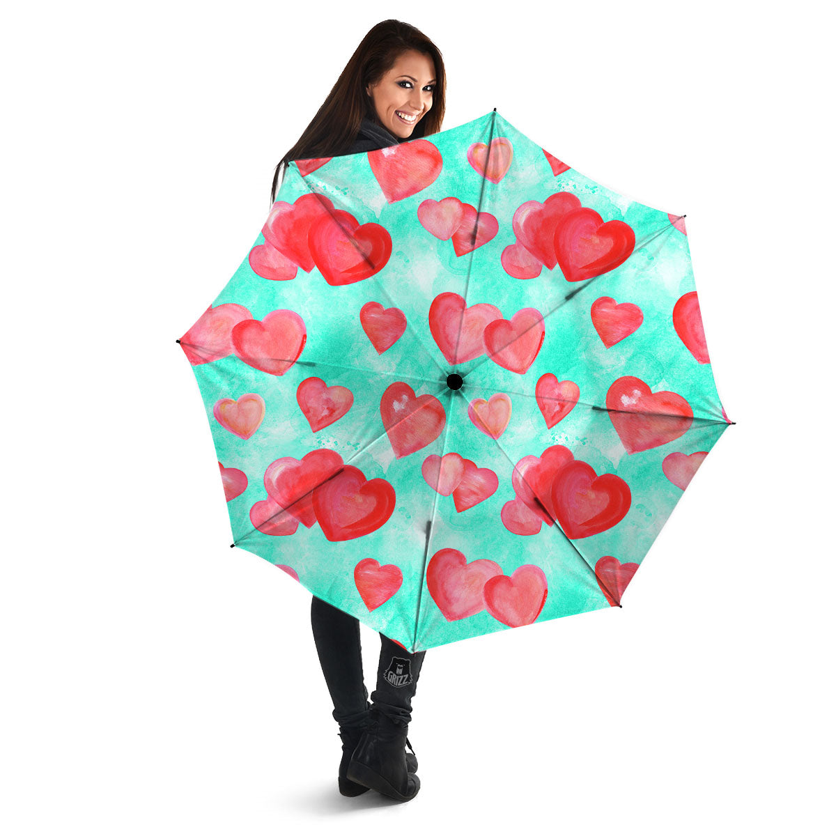 Watercolor Heart Teal And Pink Print Umbrella-grizzshop