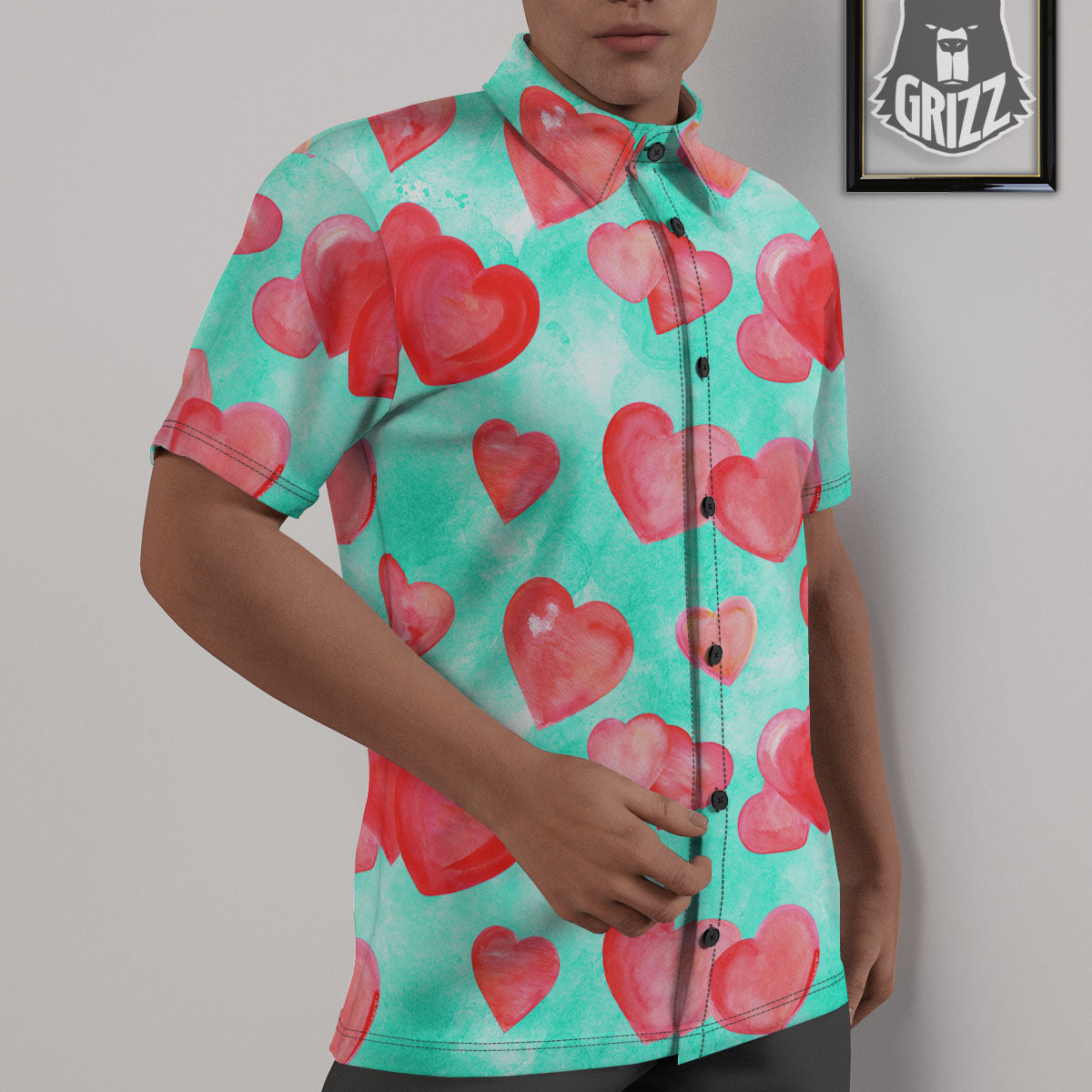 Watercolor Heart Teal And Pink Print Untucked Shirts-grizzshop