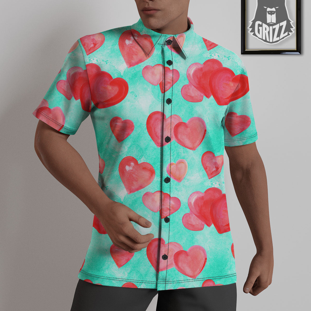 Watercolor Heart Teal And Pink Print Untucked Shirts-grizzshop