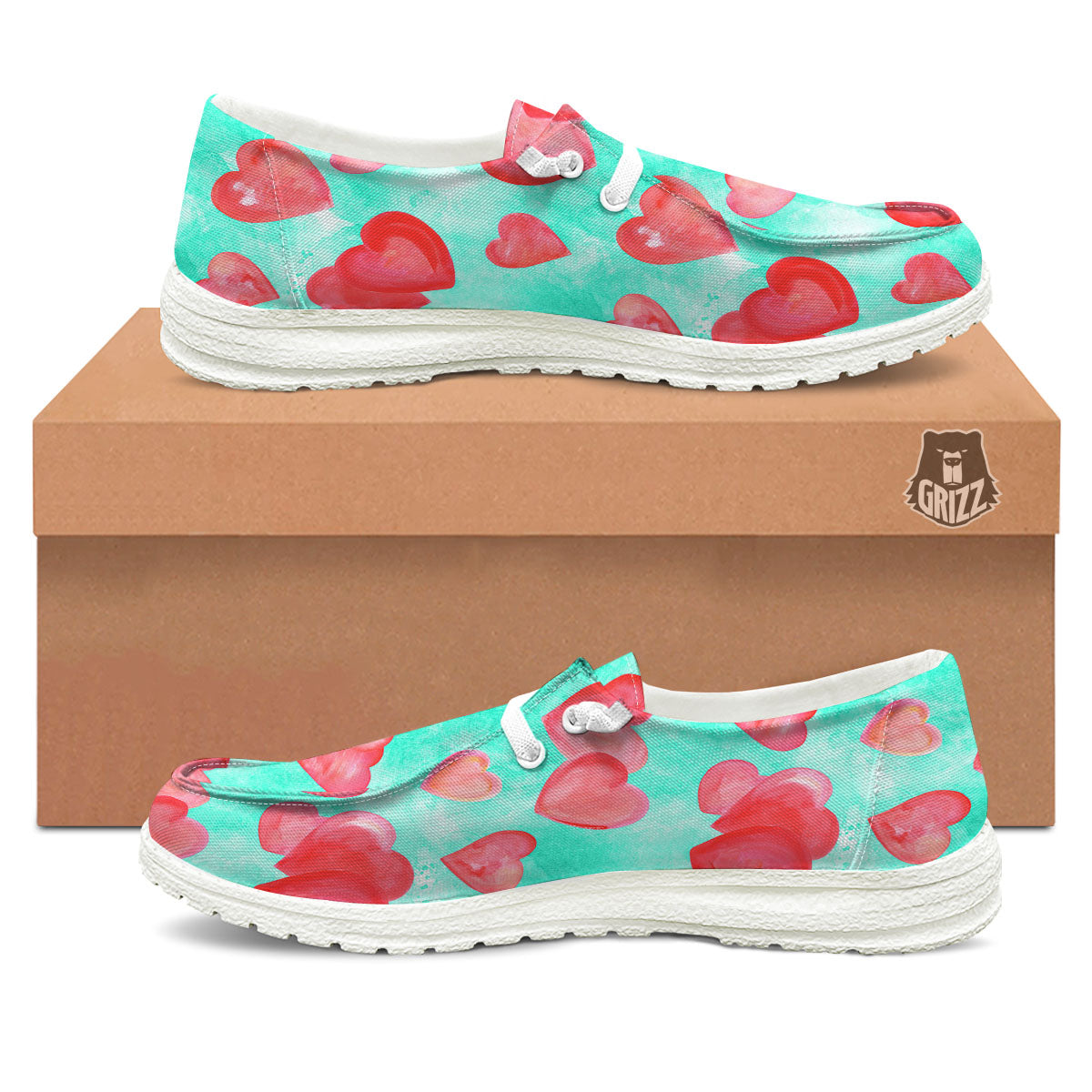 Watercolor Heart Teal And Pink Print White Loafers-grizzshop