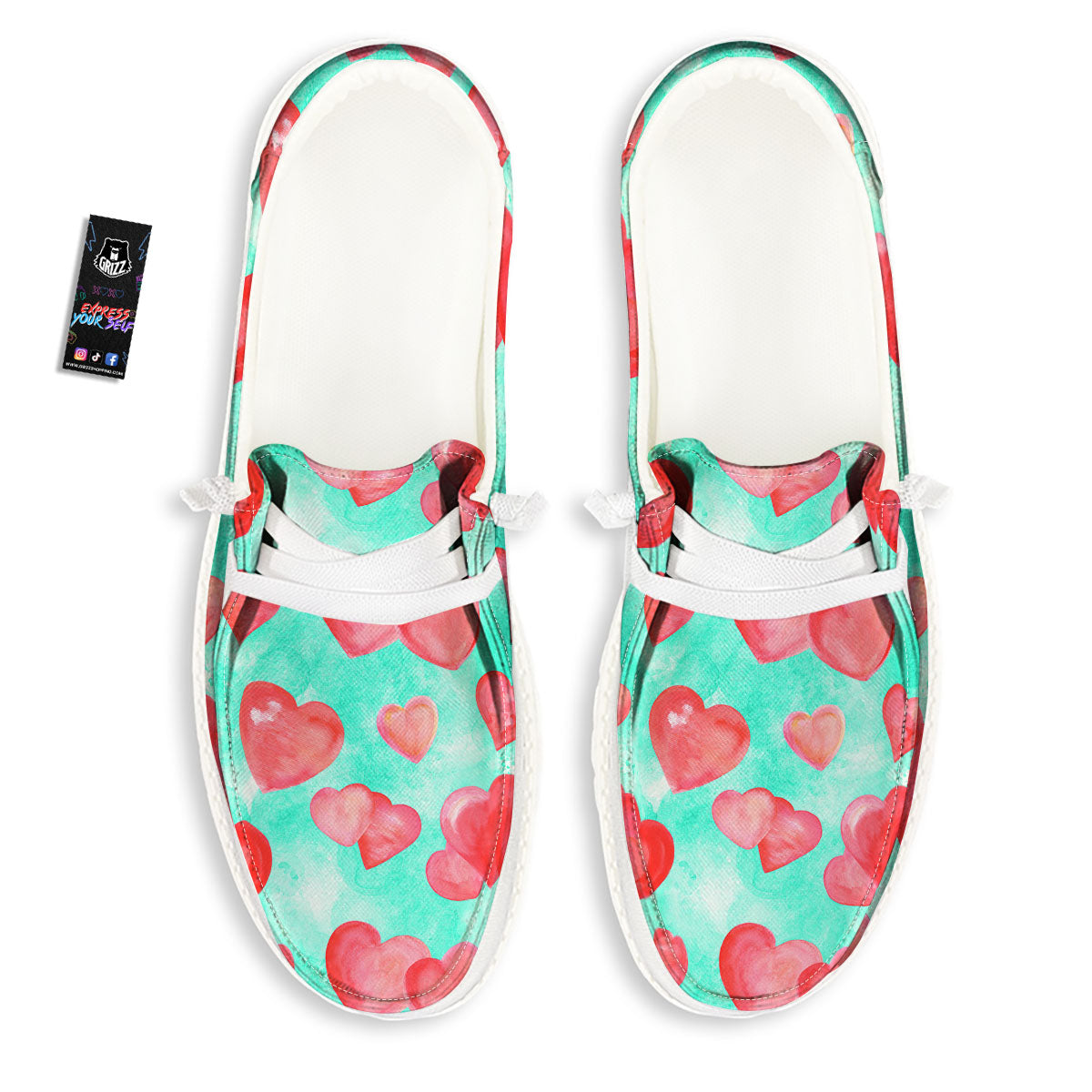 Watercolor Heart Teal And Pink Print White Loafers-grizzshop