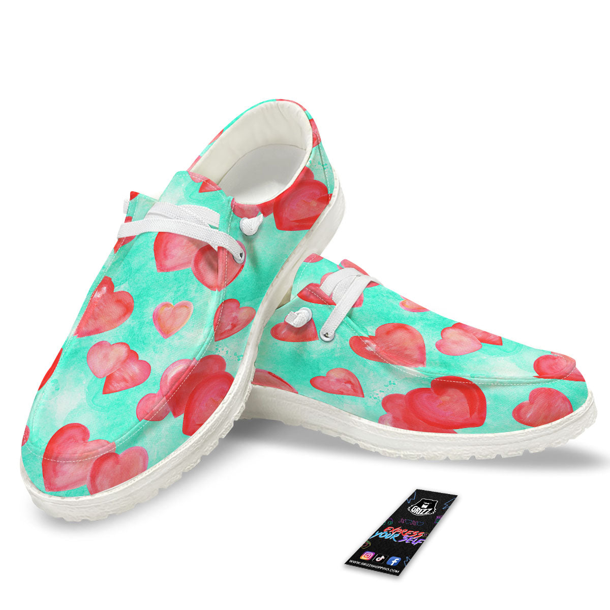 Watercolor Heart Teal And Pink Print White Loafers-grizzshop