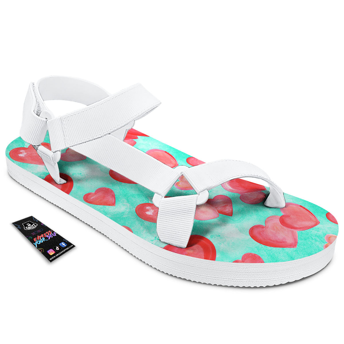 Watercolor Heart Teal And Pink Print White Open Toe Sandals-grizzshop
