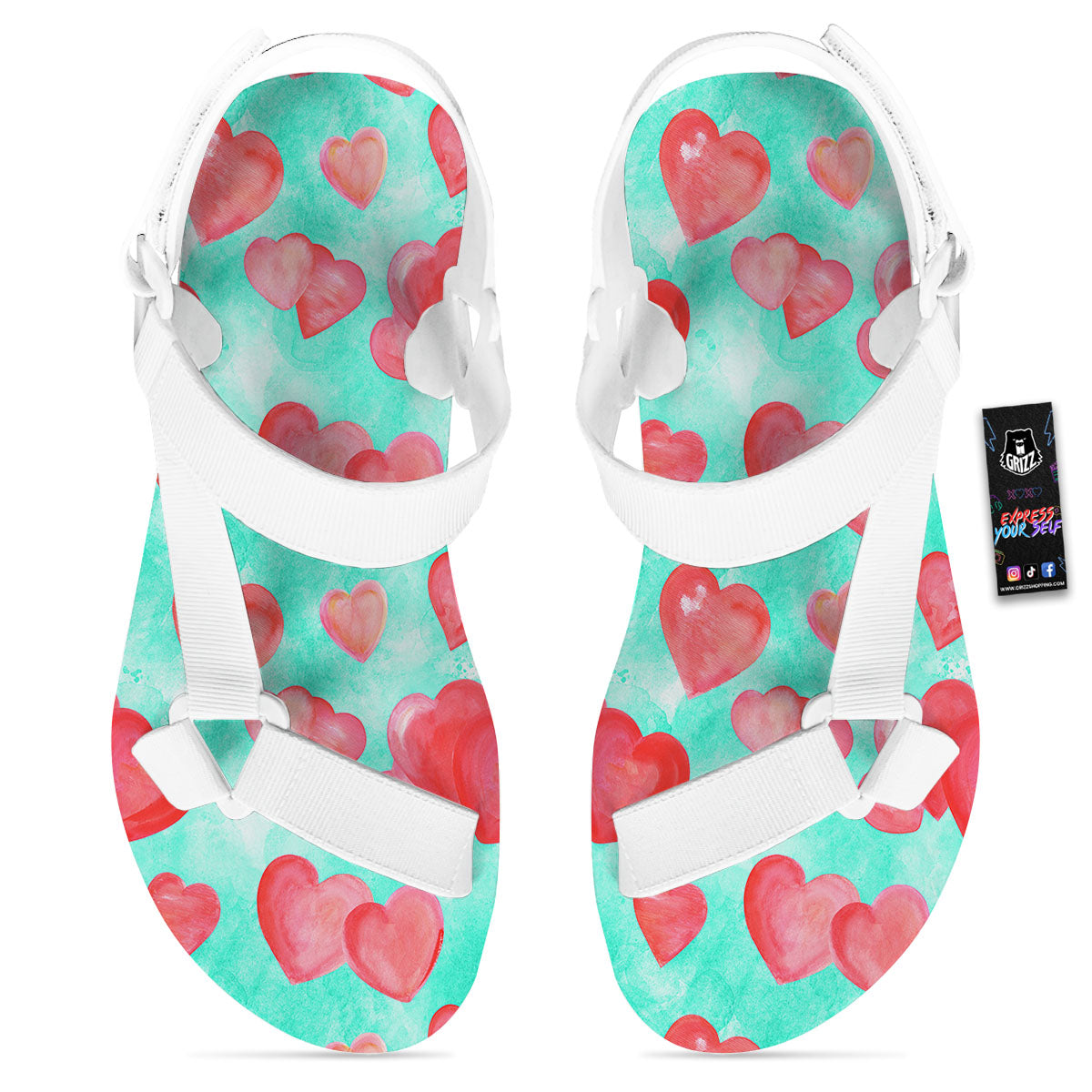Watercolor Heart Teal And Pink Print White Open Toe Sandals-grizzshop