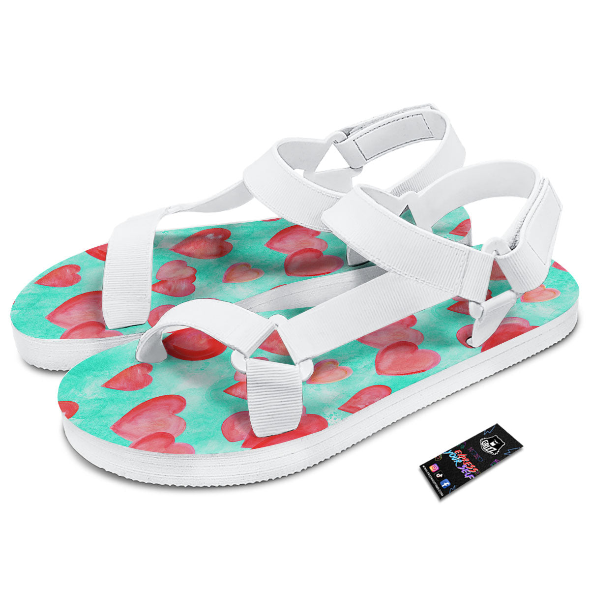 Watercolor Heart Teal And Pink Print White Open Toe Sandals-grizzshop