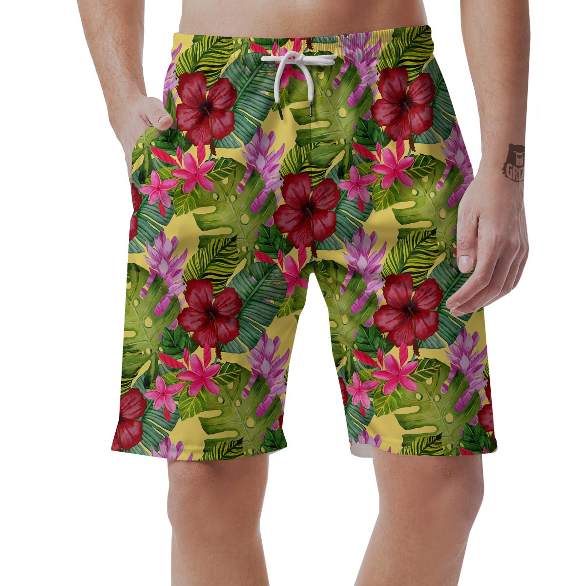 Watercolor Hibiscus Floral Hawaiian Print Men's Shorts-grizzshop