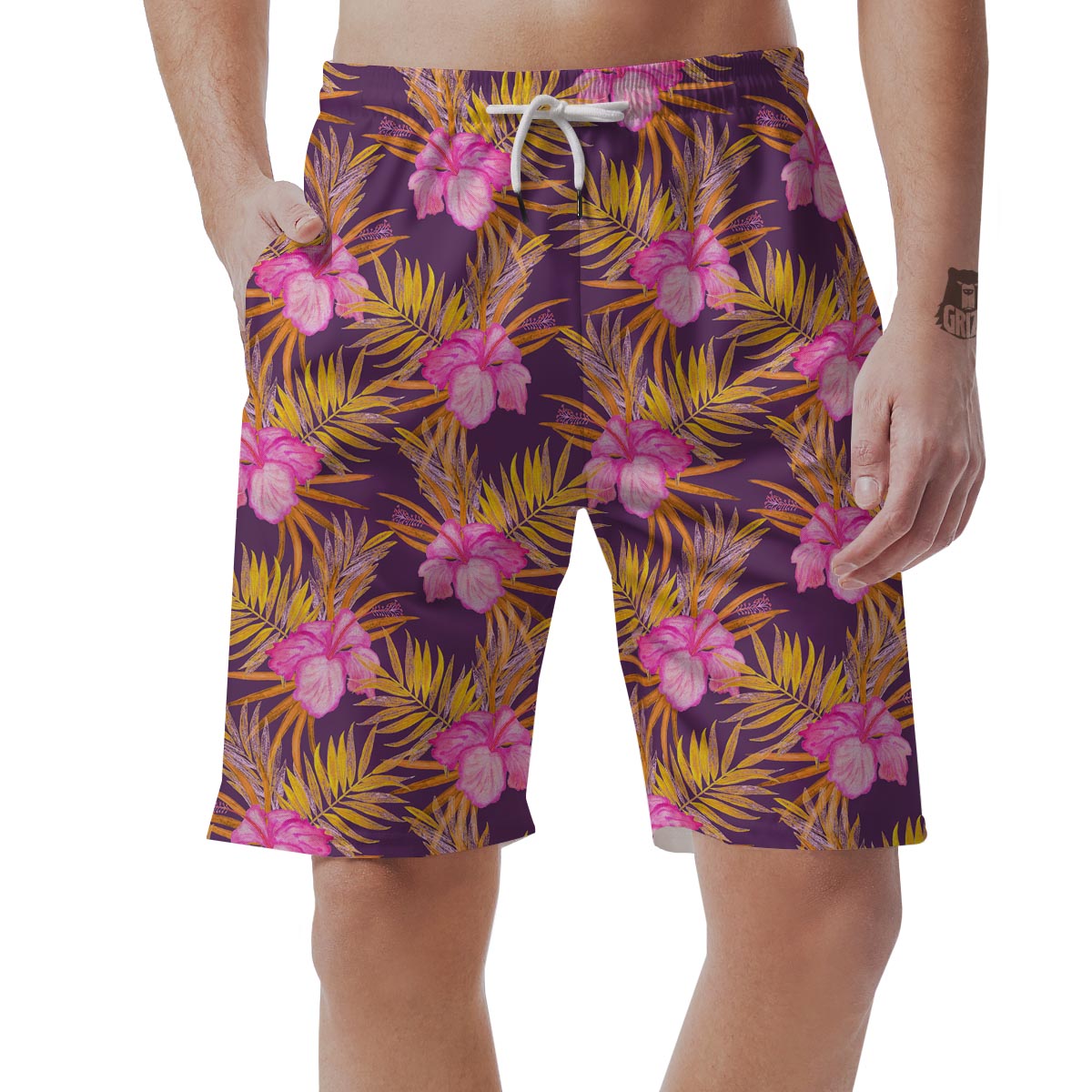Watercolor Hibiscus Flower Hawaiian Print Men's Shorts-grizzshop