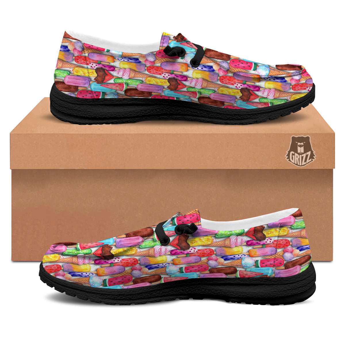 Watercolor Ice Cream Print Pattern Black Loafers-grizzshop