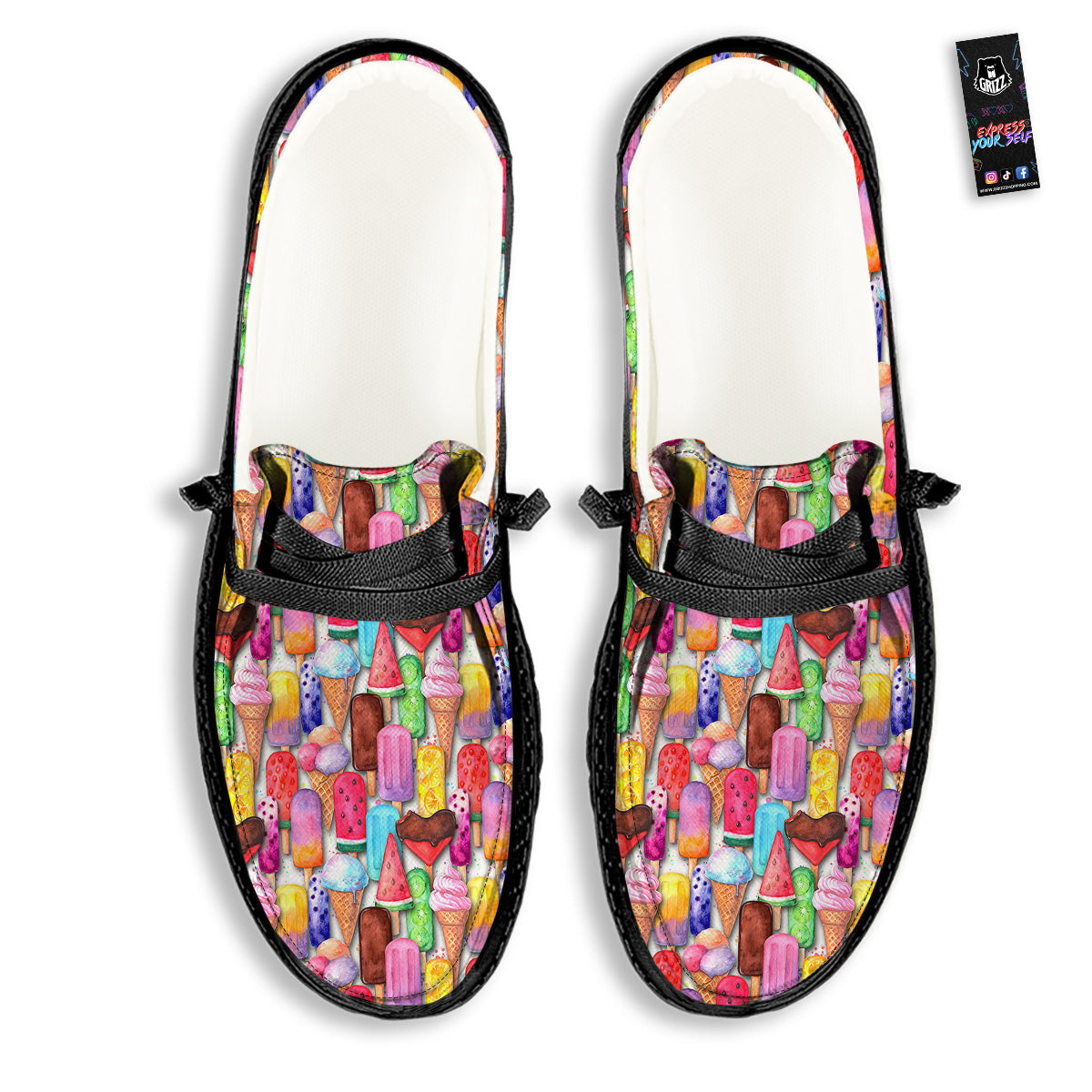 Watercolor Ice Cream Print Pattern Black Loafers-grizzshop
