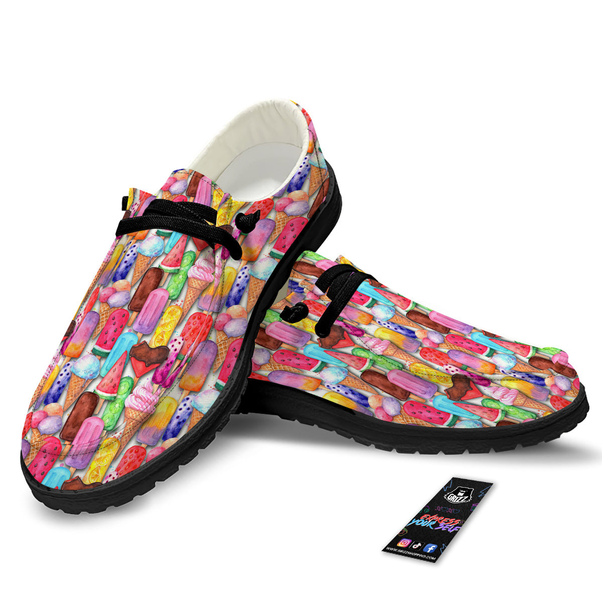 Watercolor Ice Cream Print Pattern Black Loafers-grizzshop