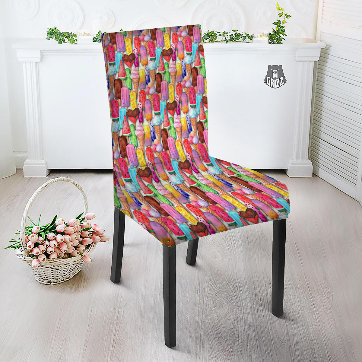 Watercolor Ice Cream Print Pattern Dining Chair Slipcover-grizzshop