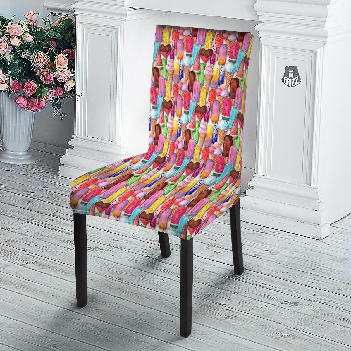 Watercolor Ice Cream Print Pattern Dining Chair Slipcover-grizzshop